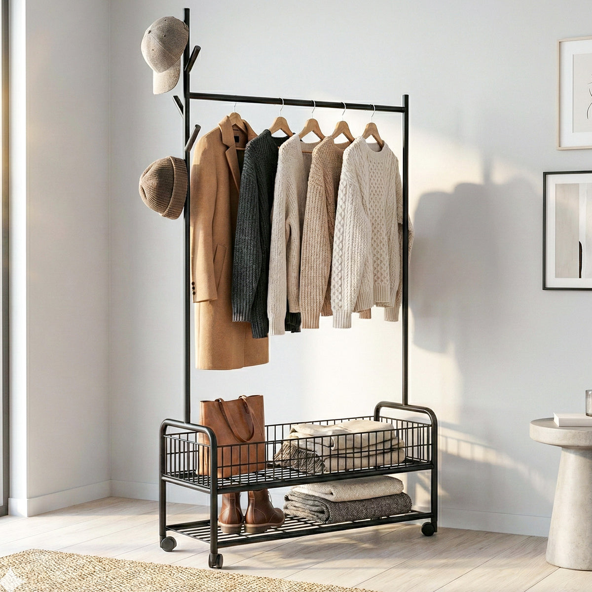 ZYRA Cloth Hanger Rail with Storage Basket