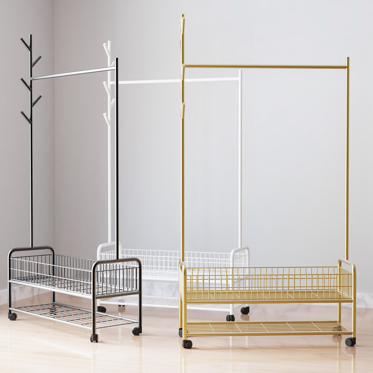 ZYRA Cloth Hanger Rail with Storage Basket