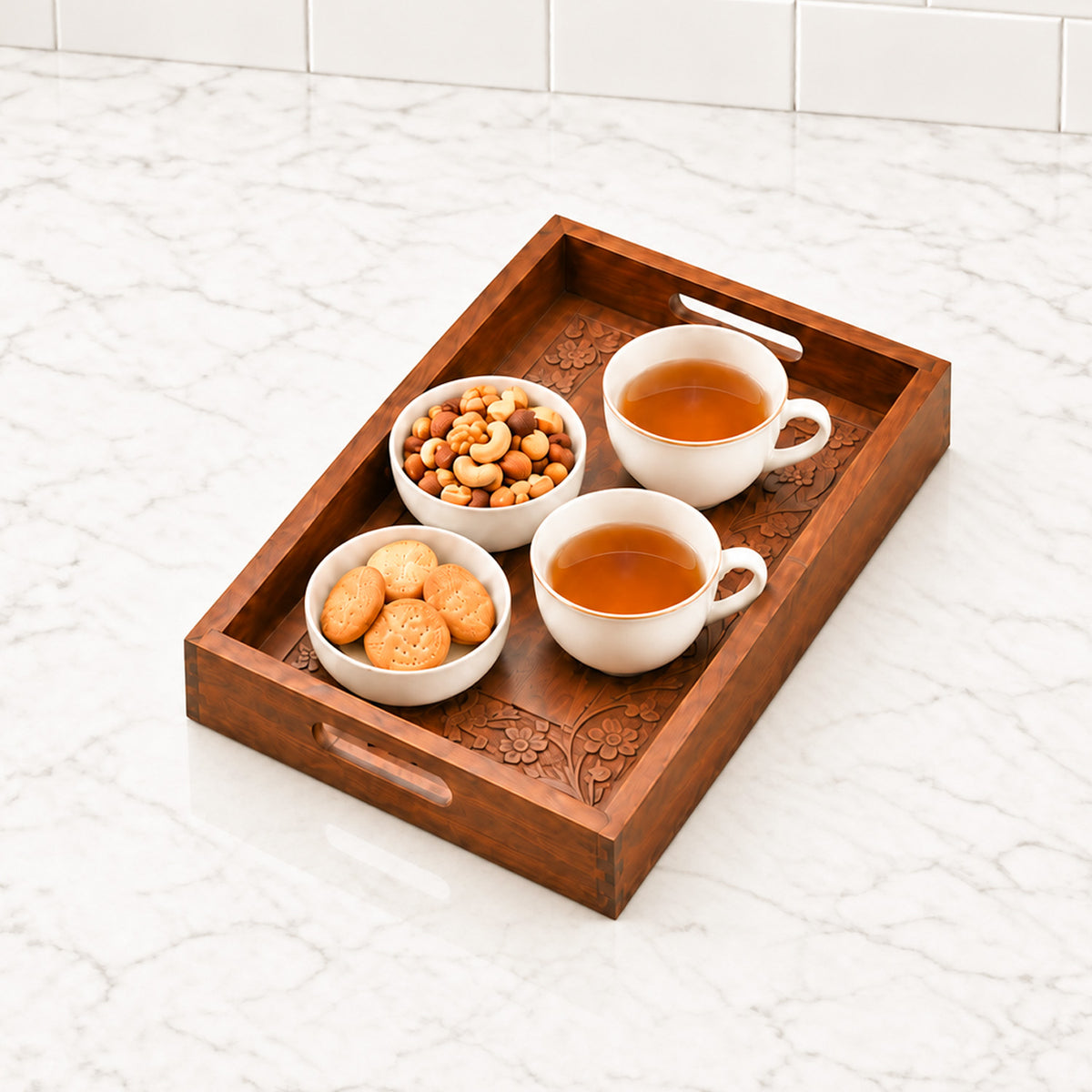 Handcrafted Wooden Serving Tray — Floral Carved