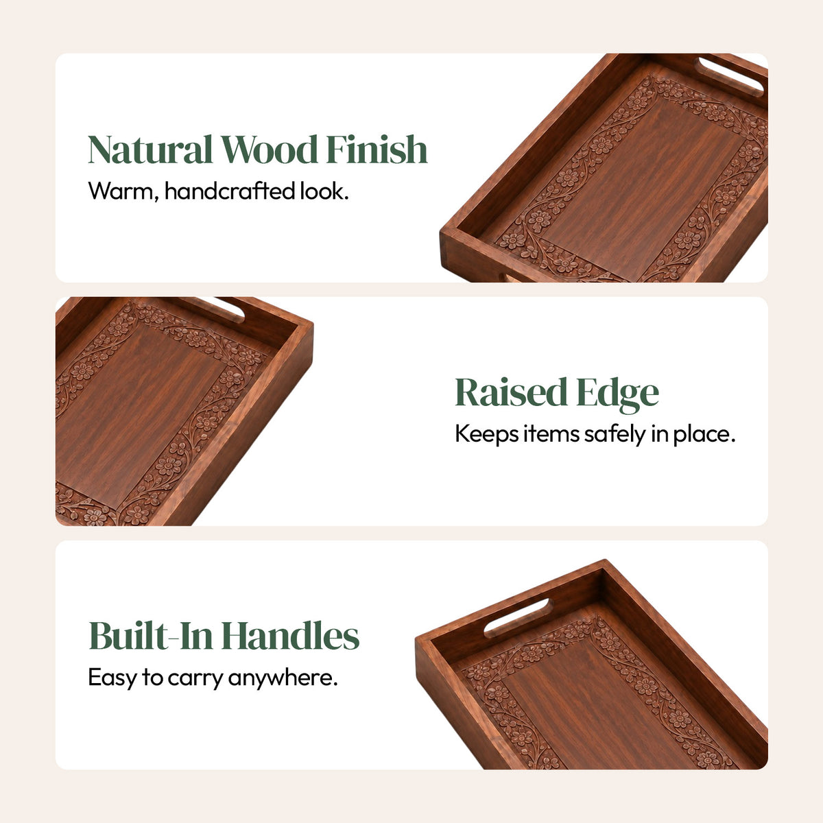 Handcrafted Wooden Serving Tray — Floral Carved