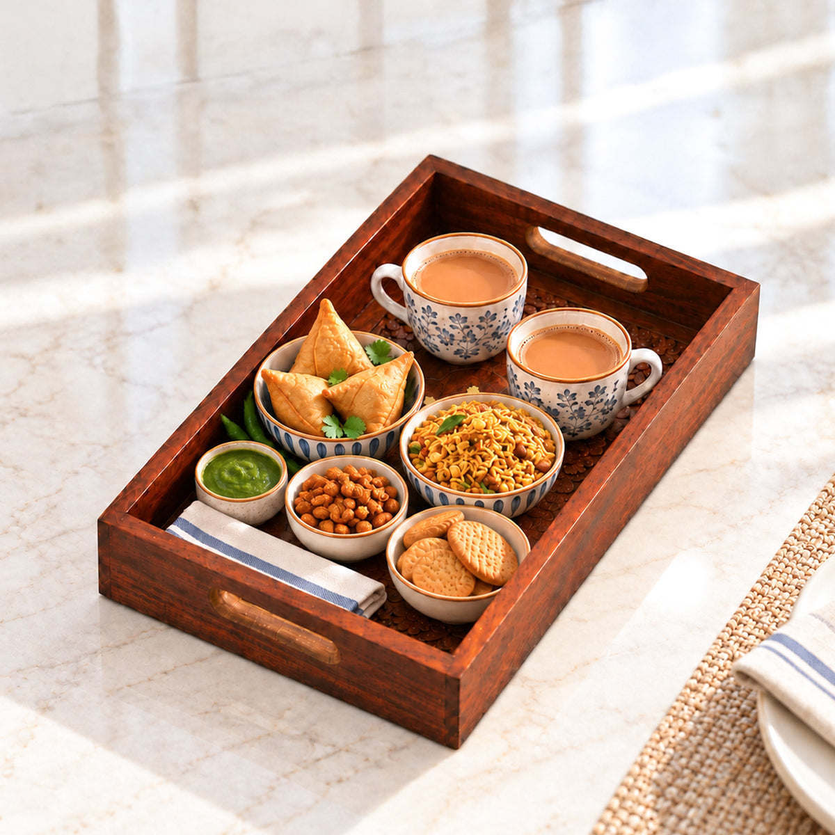 Handcrafted Wooden Serving Tray — Carved Grey