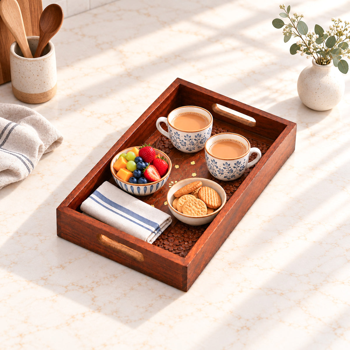Handcrafted Wooden Serving Tray — Carved Grey