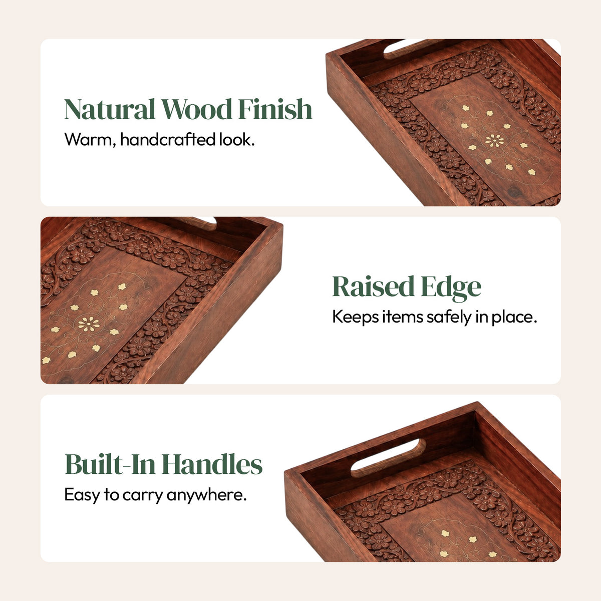 Handcrafted Wooden Serving Tray — Carved Grey
