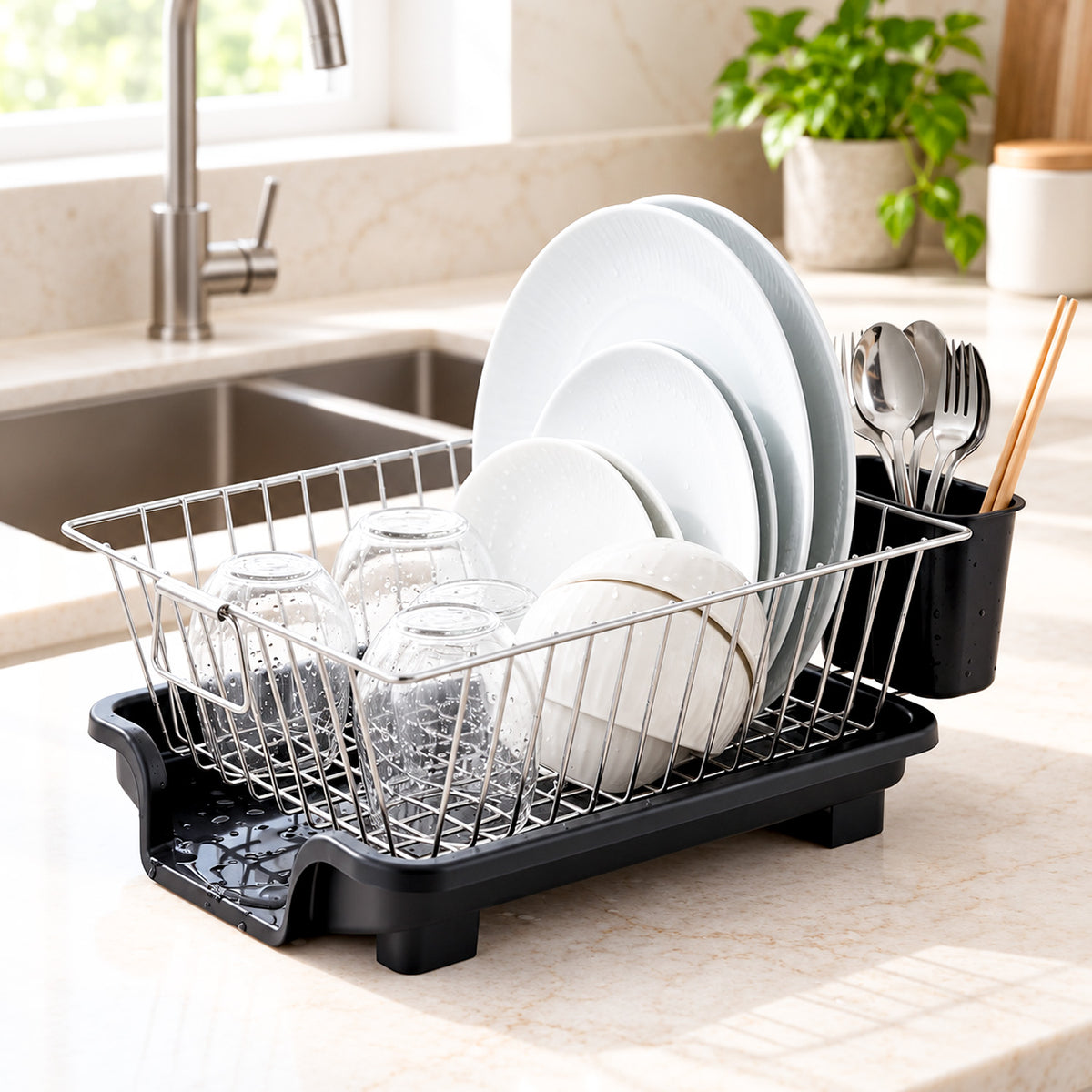 Dish Drying Rack with Cutlery Holder (Stainless Steel)