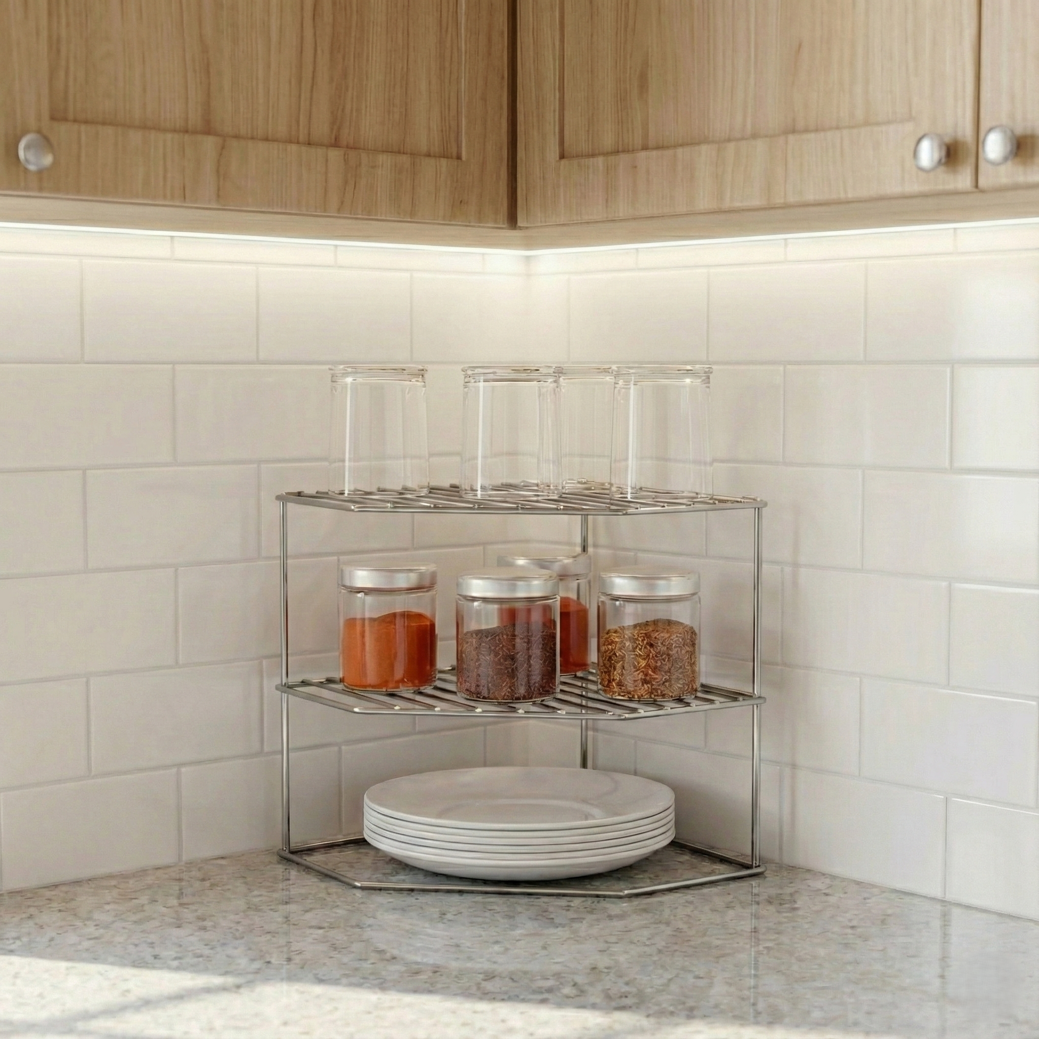 Kona 3-Tier Steel Corner Storage Rack - Stainless Steel #Color_Stainless Steel
