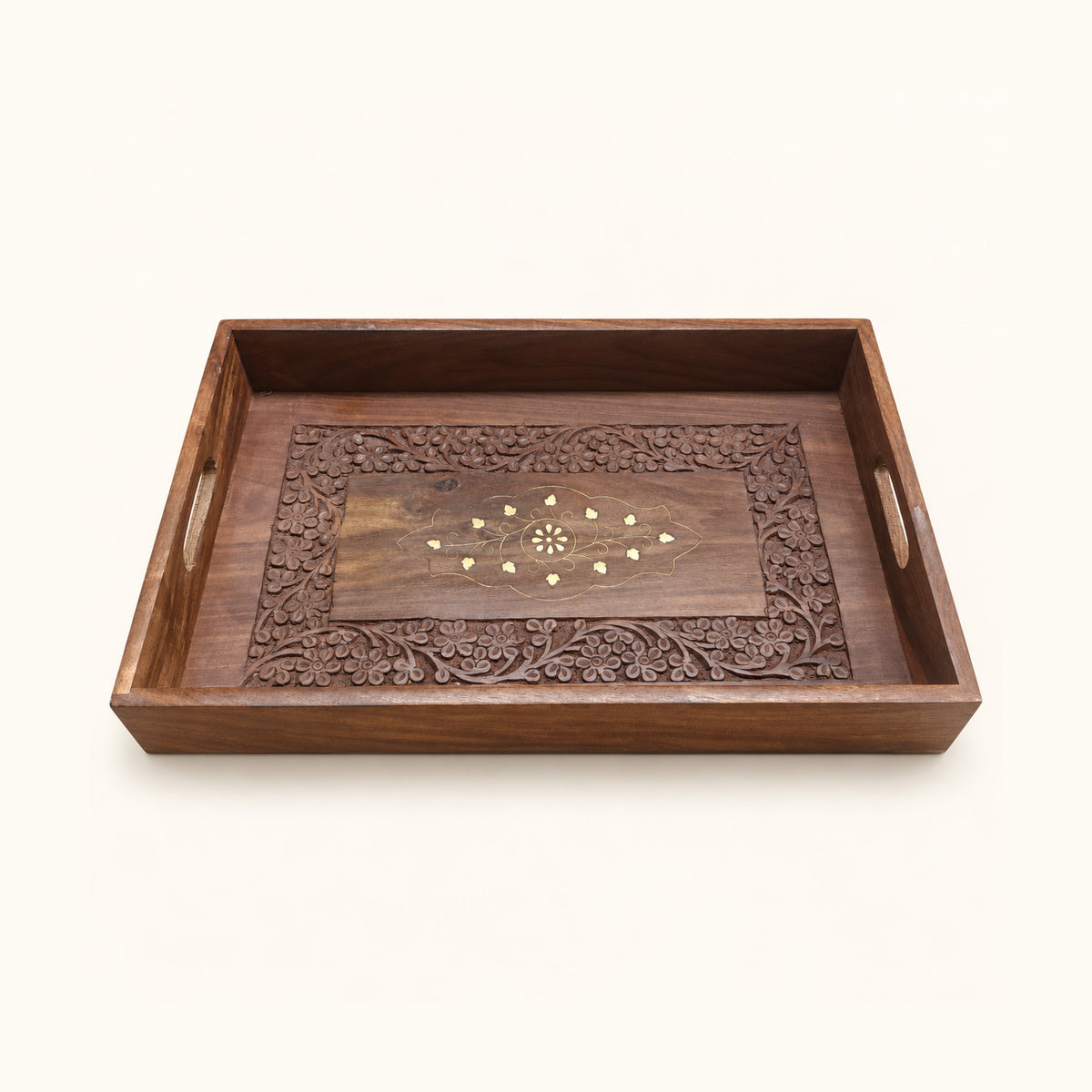 Handcrafted Wooden Serving Tray — Carved Grey