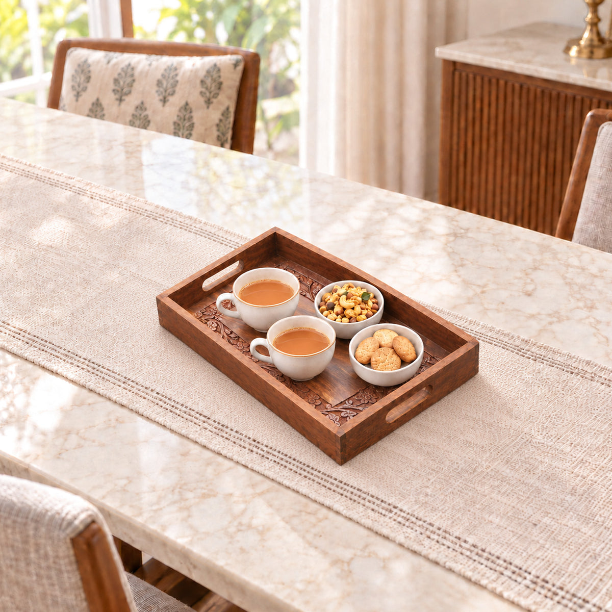Handcrafted Wooden Serving Tray — Floral Carved
