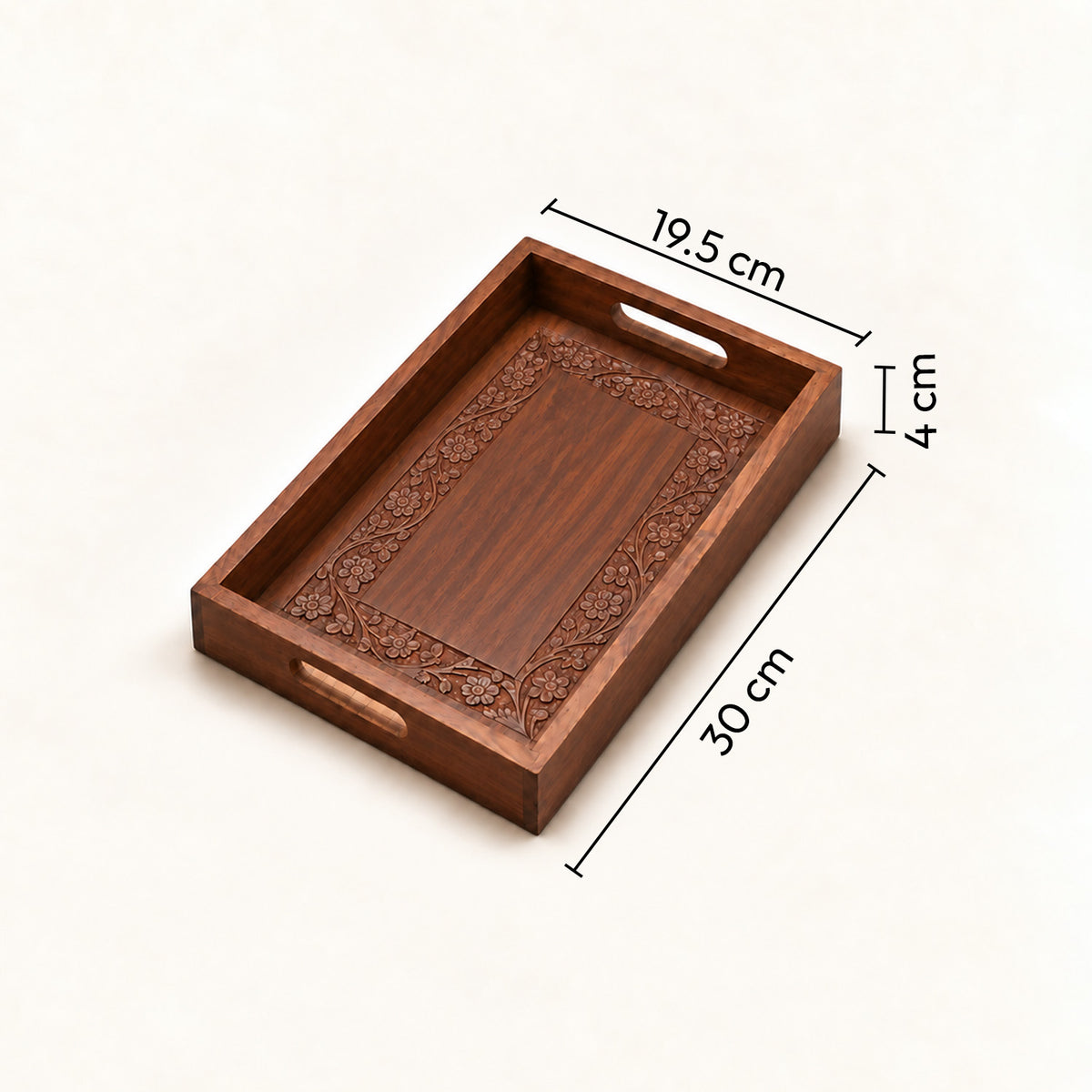 Handcrafted Wooden Serving Tray — Floral Carved