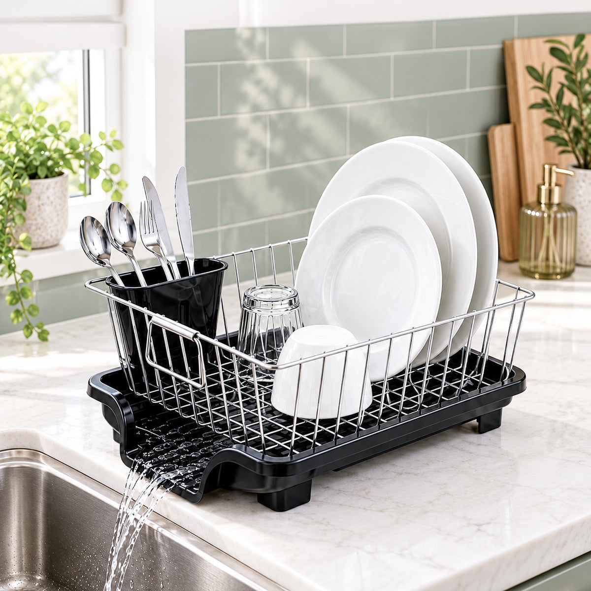 Dish Drying Rack with Cutlery Holder (Stainless Steel)