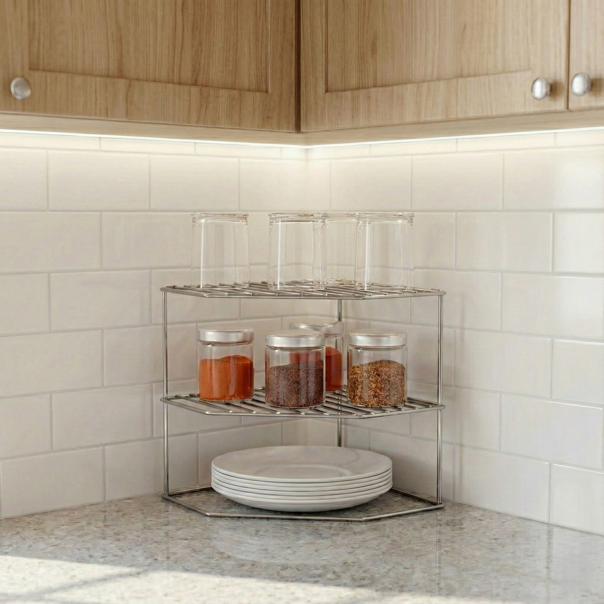Kona 3-Tier Steel Corner Storage Rack - Stainless Steel #Color_Stainless Steel